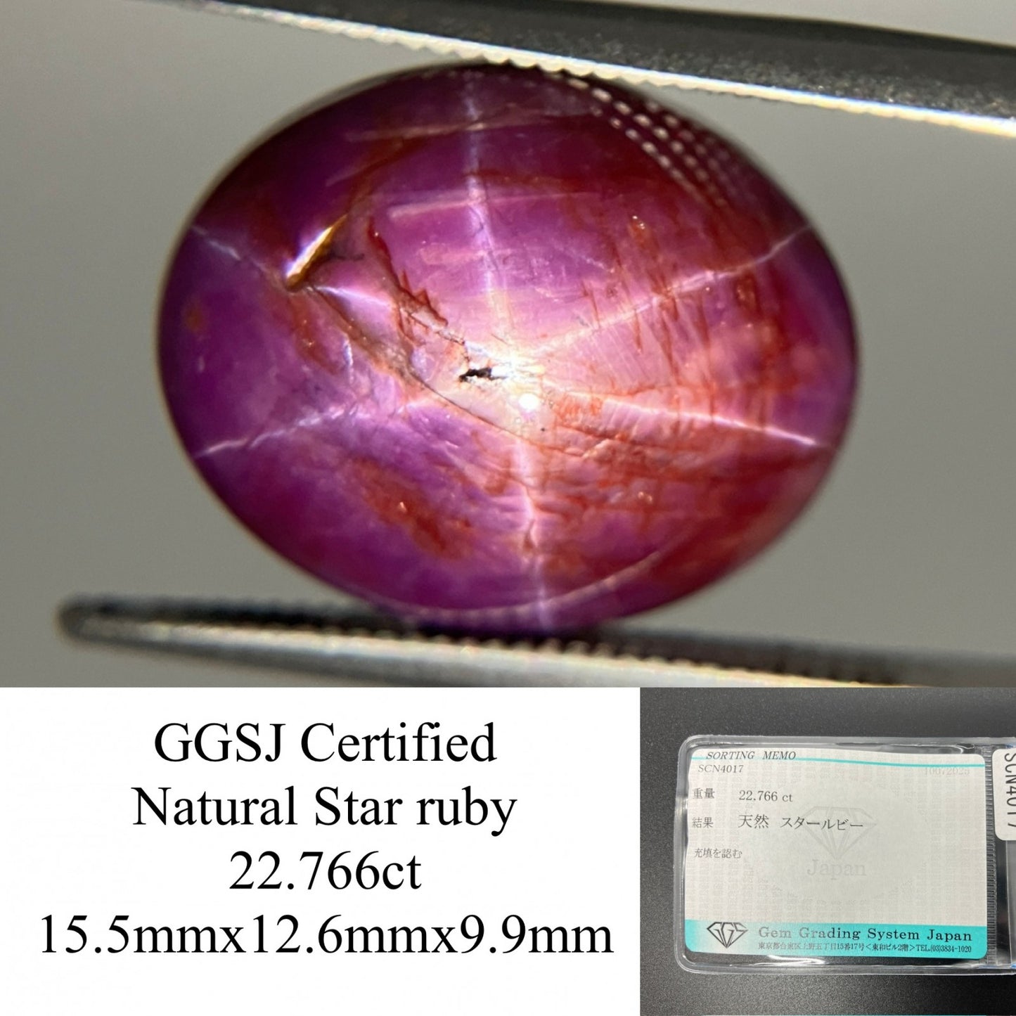 スタールビー 天然  22.766ct  宝石ソーティング付き  15.5㎜×12.6㎜×9.9㎜ ルース（ 裸石 ）  5993YY