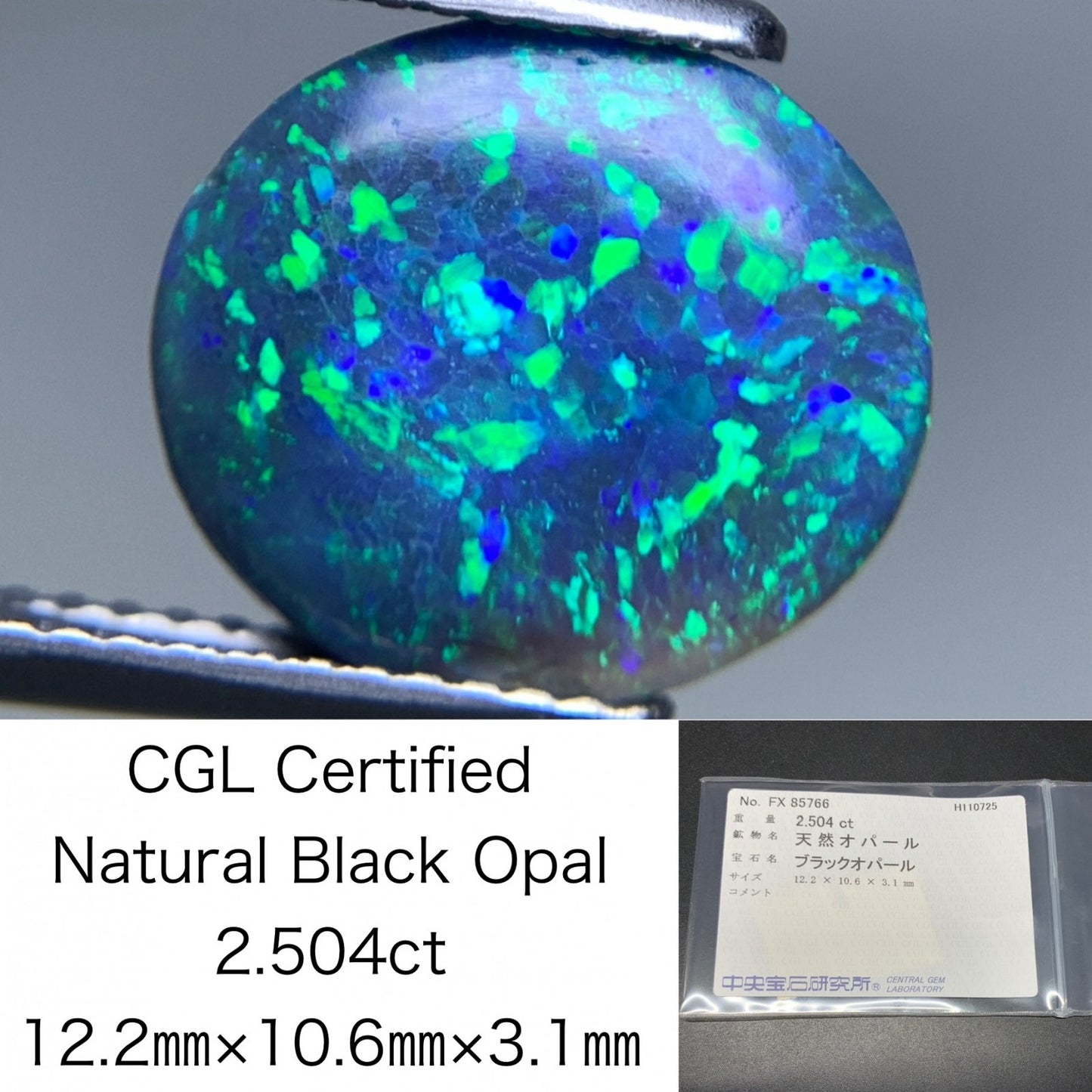 ブラックオパール 天然 2.504ct 中央宝石ソーティング付き 12.2㎜×10.6㎜×3.1㎜ ルース（ 裸石 ） 7201Y