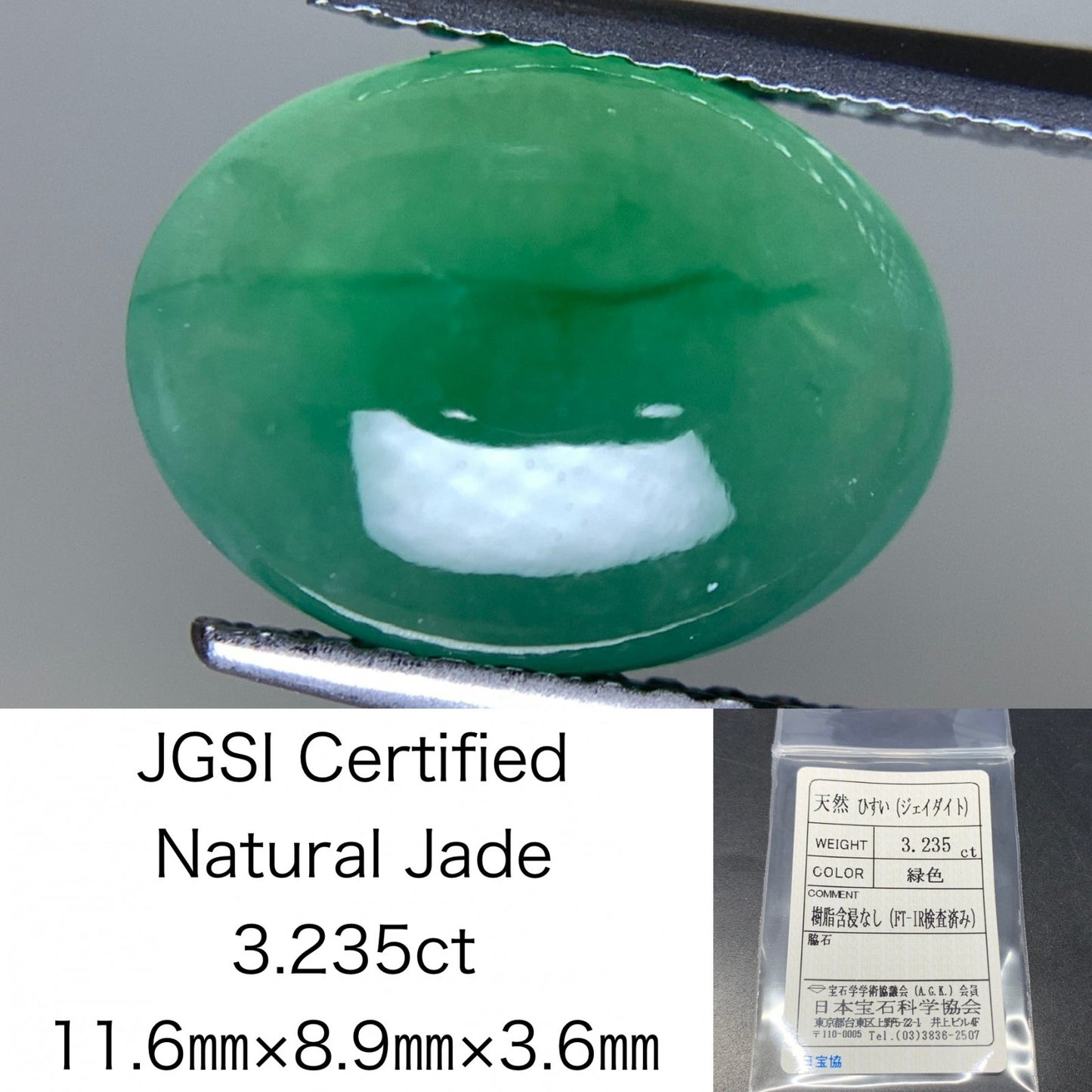 ヒスイ 翡翠  天然  3.235ct  宝石ソーティング付き  11.6㎜×8.9㎜×3.6㎜   ルース（ 裸石 ） 5280Y