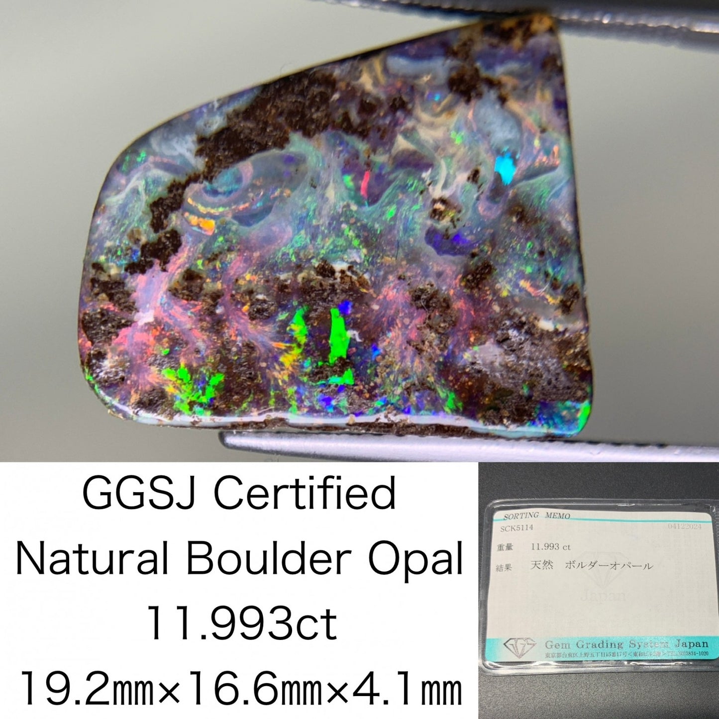 ボルダーオパール 11.993ct 宝石ソーティング付き  19.2㎜×16.6㎜×4.1㎜  ルース（ 裸石 ） 3369Y