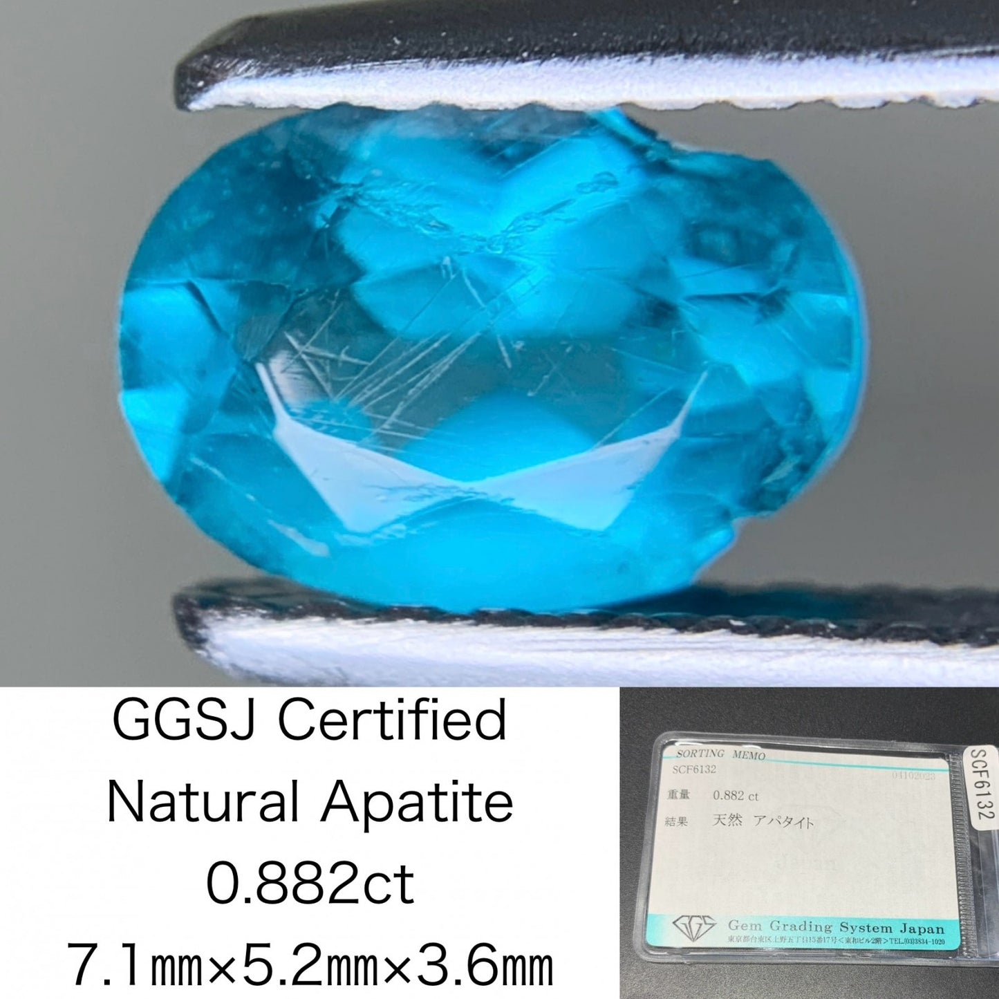 アパタイト 0.882ct  宝石ソーティング付き  7.1㎜×5.2㎜×3.6㎜  ルース（ 裸石 ） 3839Y
