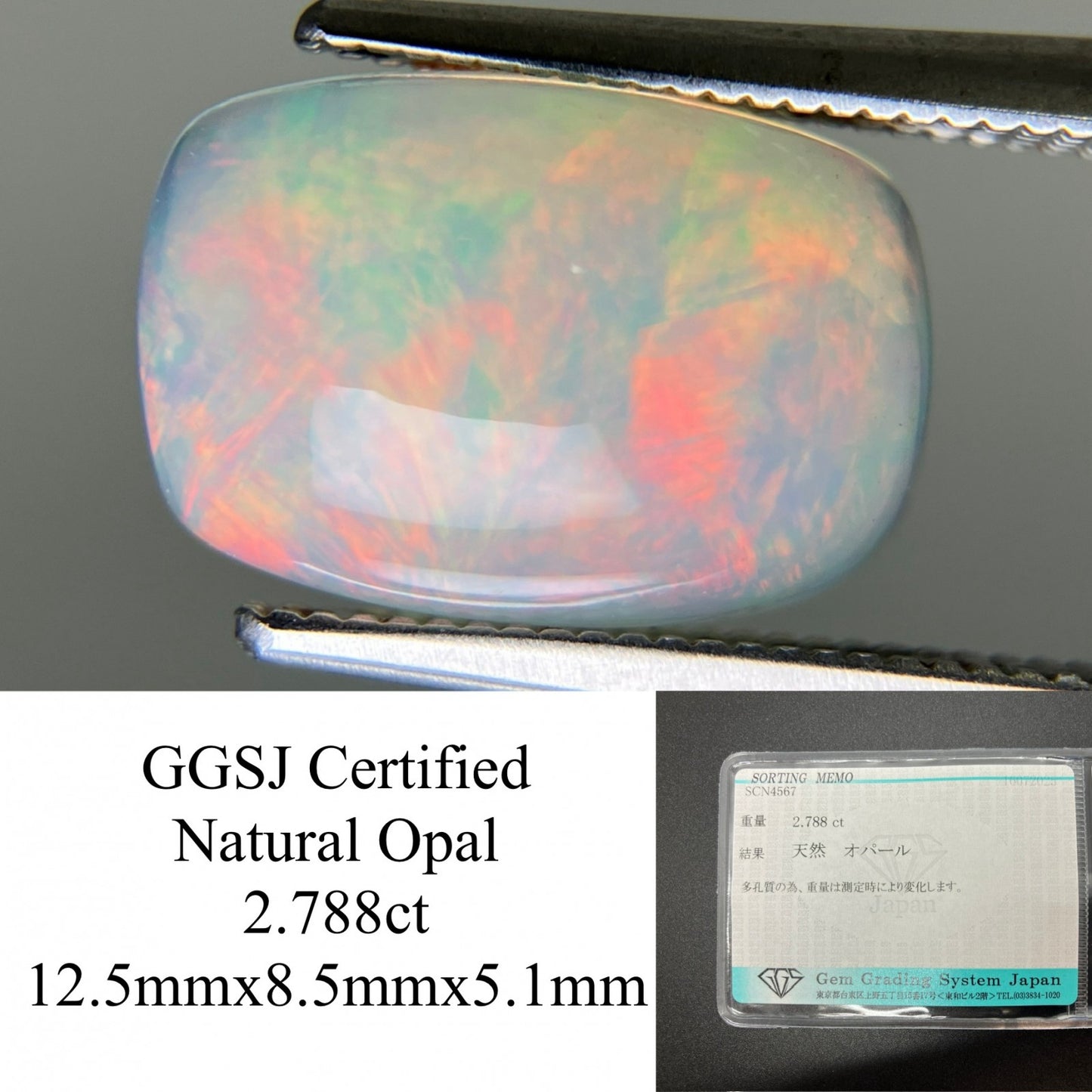 オパール 天然  2.788ct  宝石ソーティング付き  12.5㎜×8.5㎜×5.1㎜ ルース（ 裸石 ）  6164YY