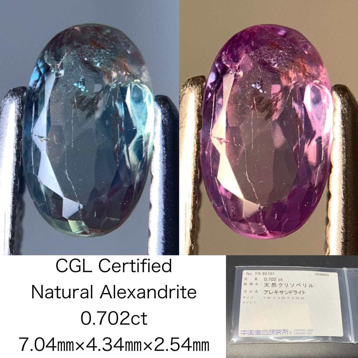 アレキサンドライト 天然 0.702ct 中央宝石ソーティング付き 7.04㎜×4.34㎜×2.54㎜ ルース（ 裸石 ） 7212Y
