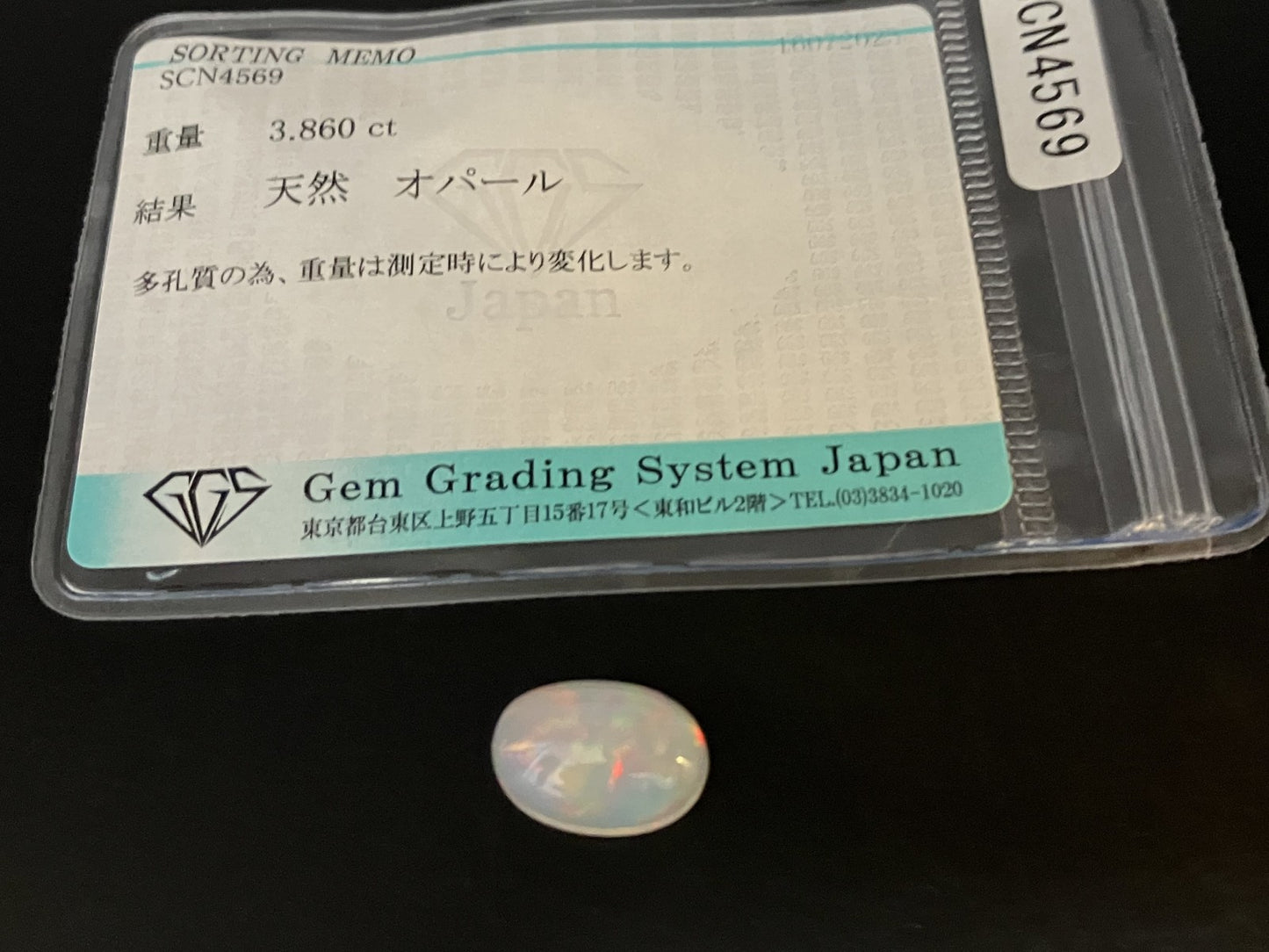 オパール 天然 3.860ct 宝石ソーティング付き 13.1㎜×8.9㎜×6.2㎜ ルース（ 裸石 ） 6163YY