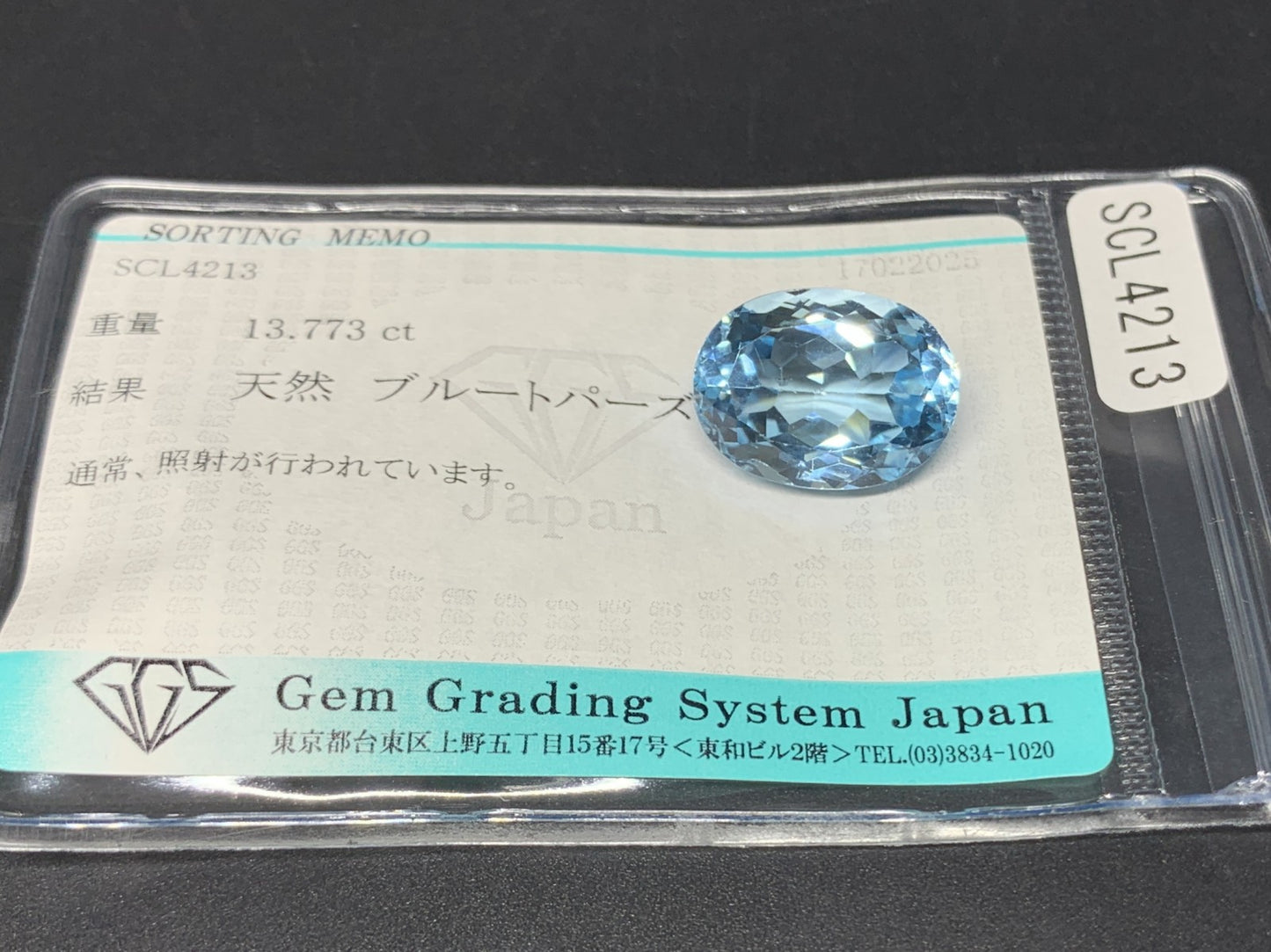 ブルートパーズ 13.773ct  宝石ソーティング付き  16.1㎜×12.0㎜×8.4㎜  ルース（ 裸石 ） 4143Y