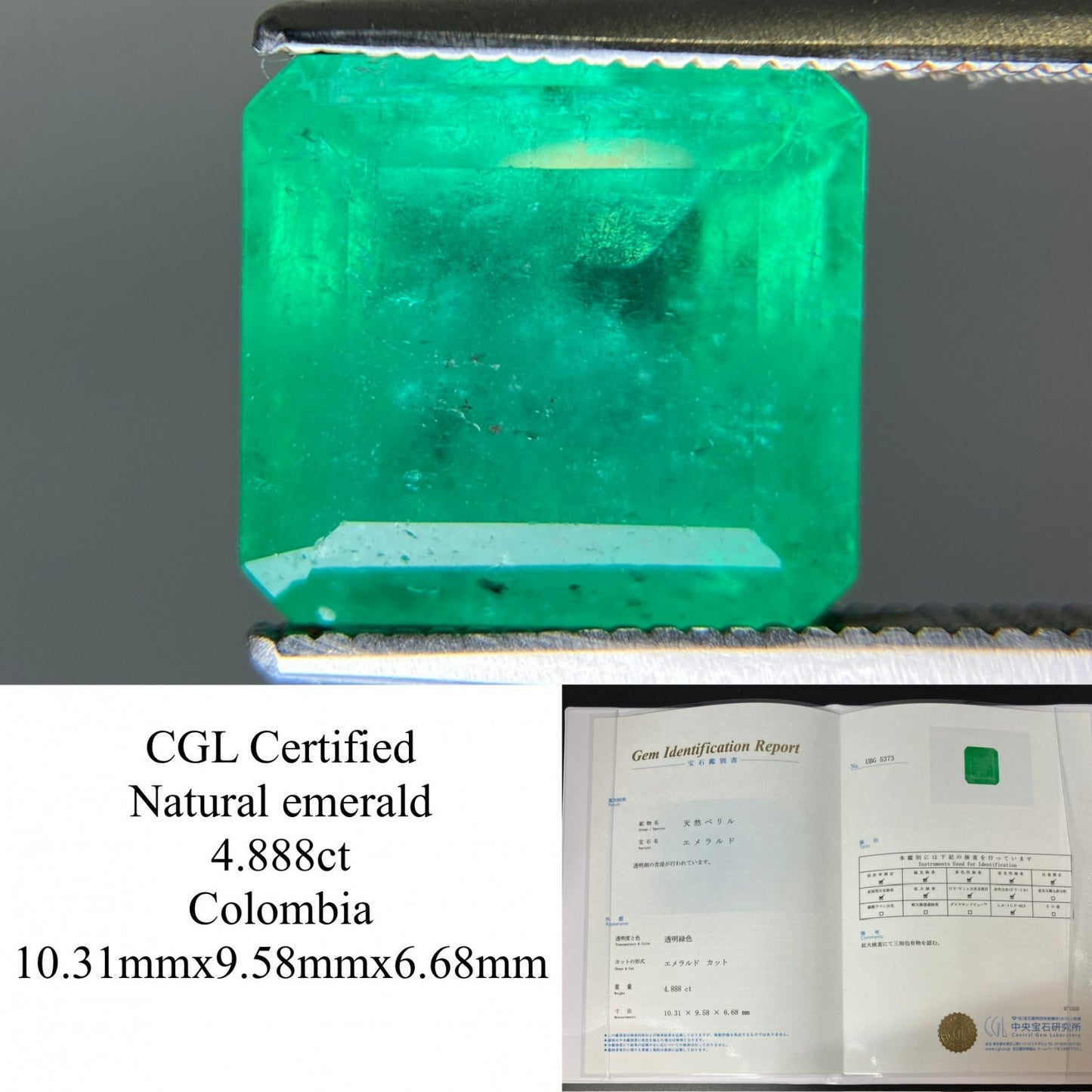 エメラルド 天然  4.888ct  コロンビア 中央宝石ソーティング付き  10.31㎜×9.58㎜×6.68㎜  ルース（ 裸石 ） 5974YY