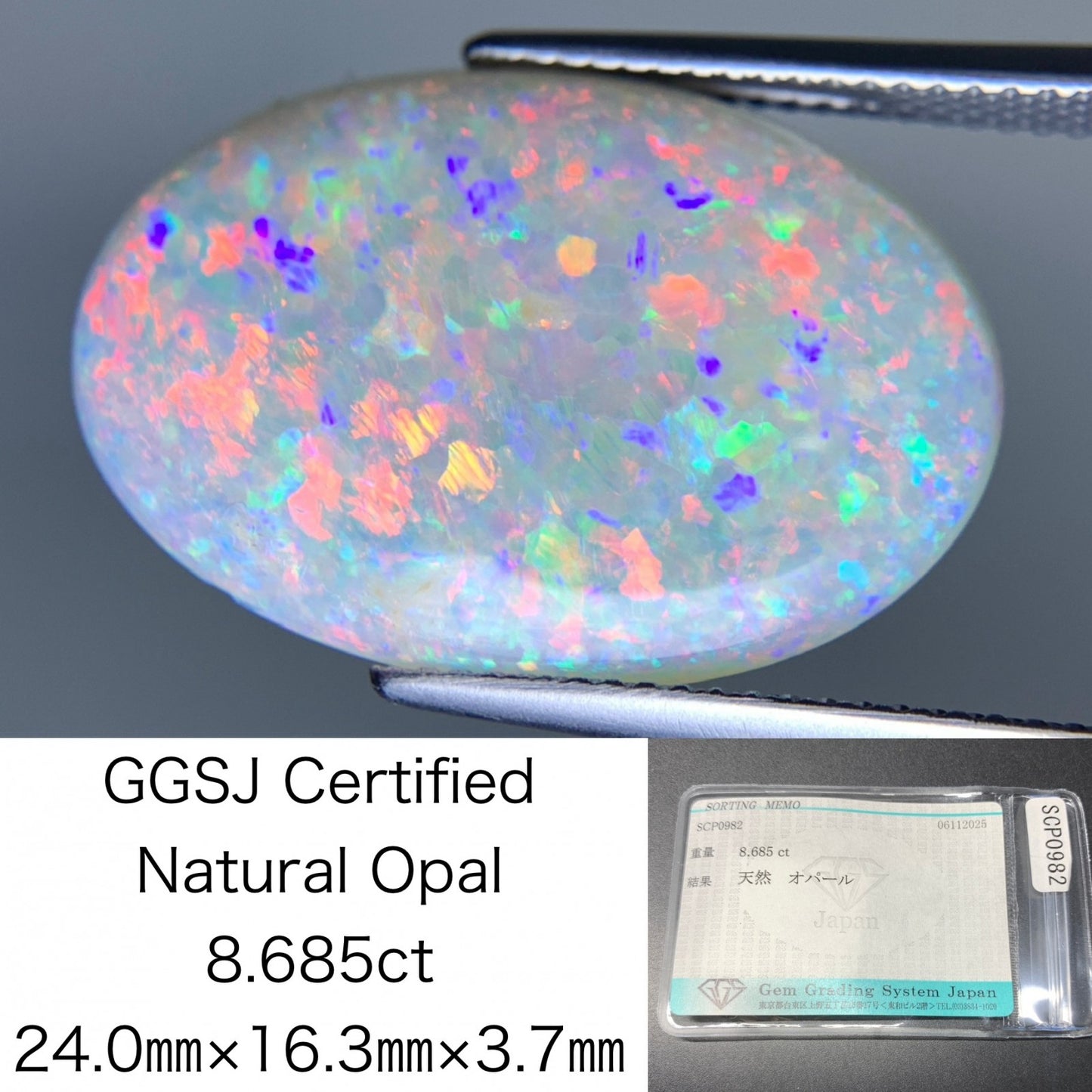 オパール 天然 8.685ct 宝石ソーティング付き 24.0㎜×16.3㎜×3.7㎜ ルース（ 裸石 ） 7346Y