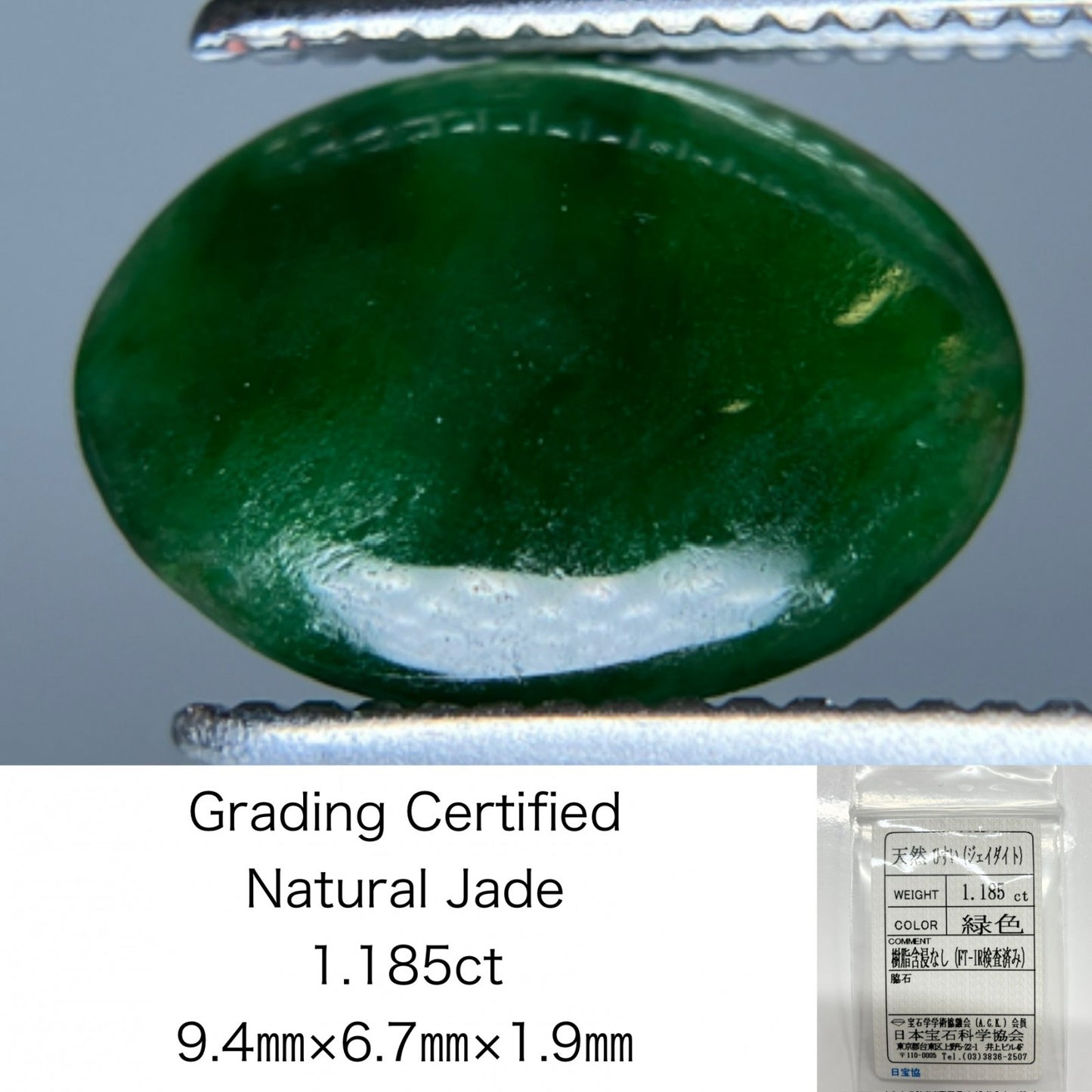 ヒスイ 1.185ct　天然　 宝石ソーティング付き 9.4㎜×6.7㎜×1.9㎜ ルース（ 裸石 ） 3988S
