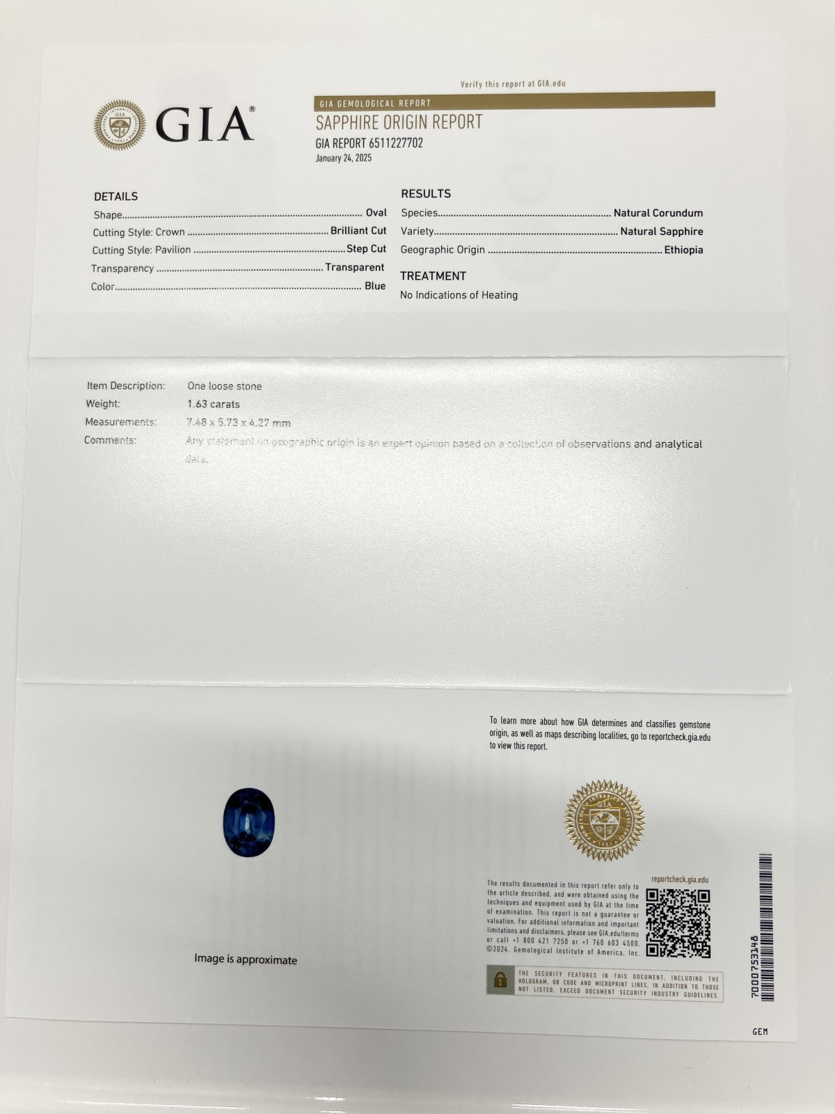 サファイア 1.63ct GIA鑑別書付き 非加熱 エチオピア産 7.48㎜×5.73㎜×4.27㎜ ルース（ 裸石 ） 3675S