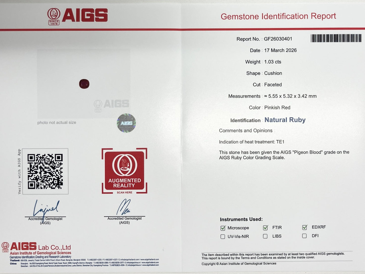 ルビー 1.03ct Pigeon blood AIGS鑑別書 D0.81ct PT900 5.7g 指輪 （JP14号） サイズ直し無料 7156K