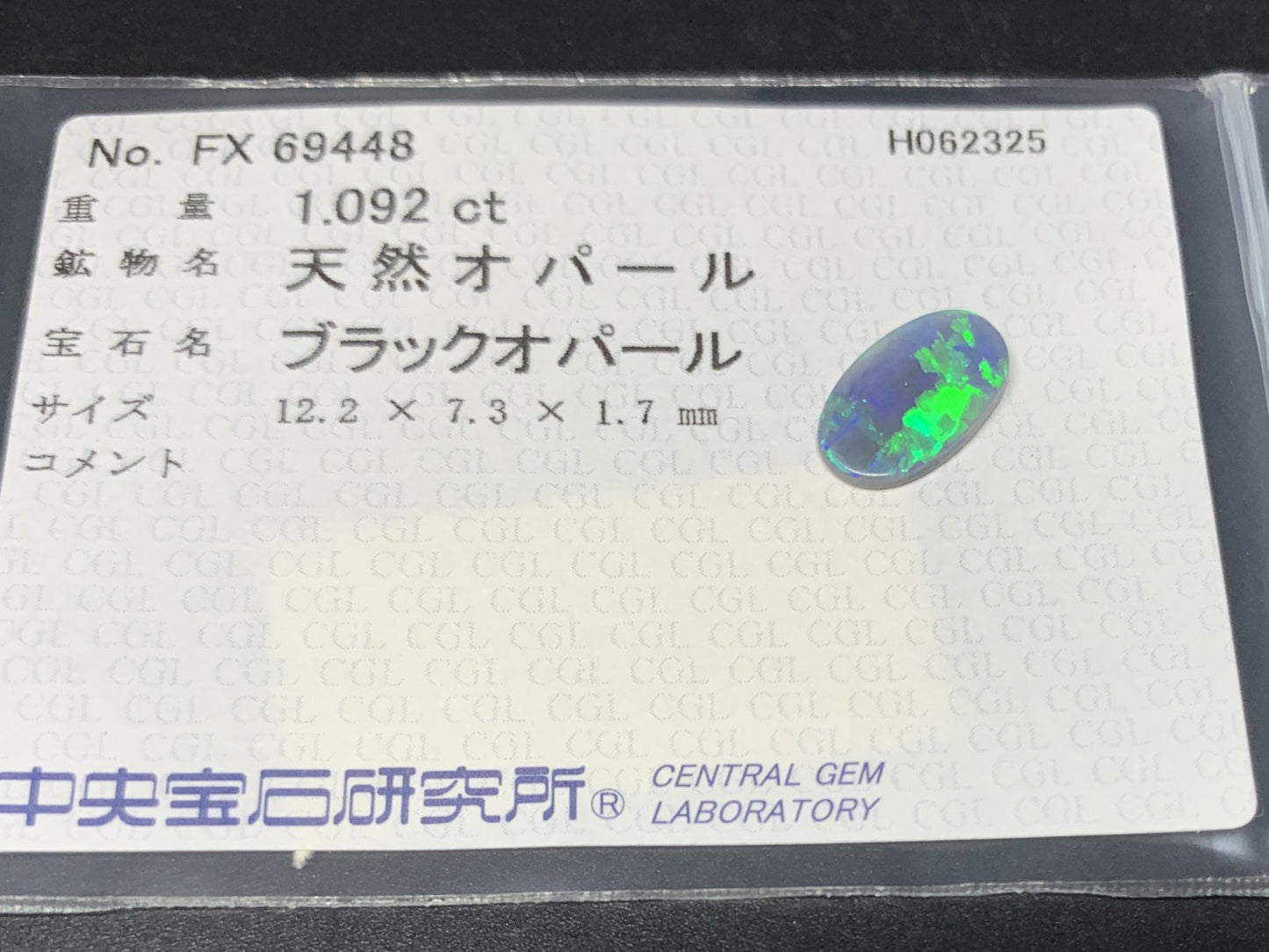 ブラックオパール  天然  1.092ct  中央宝石ソーティング付き  12.2㎜×7.3㎜×1.7㎜   ルース（ 裸石 ） 5604Y