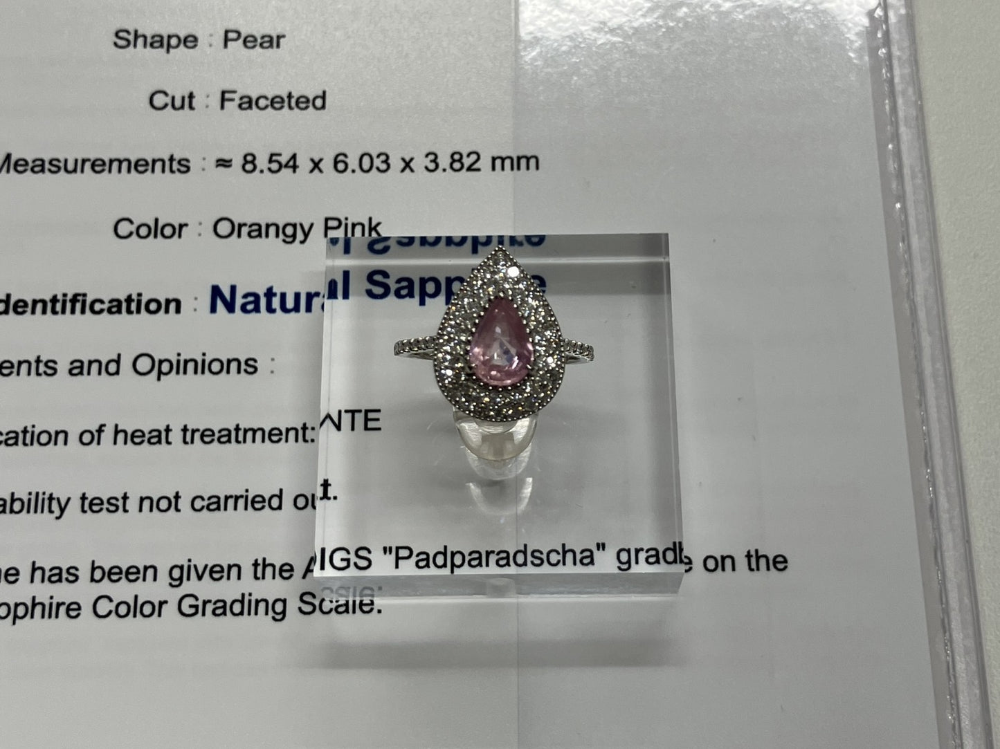 サファイア 1.58ct パパラチャ Padparadscha 非加熱 No heat AIGS鑑別書 D0.42ct PT900 4.3g 指輪 （JP15号） サイズ直し無料 8580K