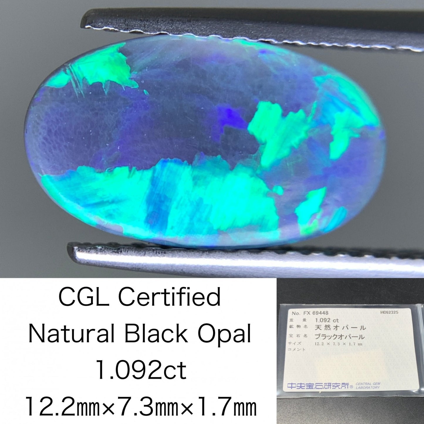 ブラックオパール  天然  1.092ct  中央宝石ソーティング付き  12.2㎜×7.3㎜×1.7㎜   ルース（ 裸石 ） 5604Y