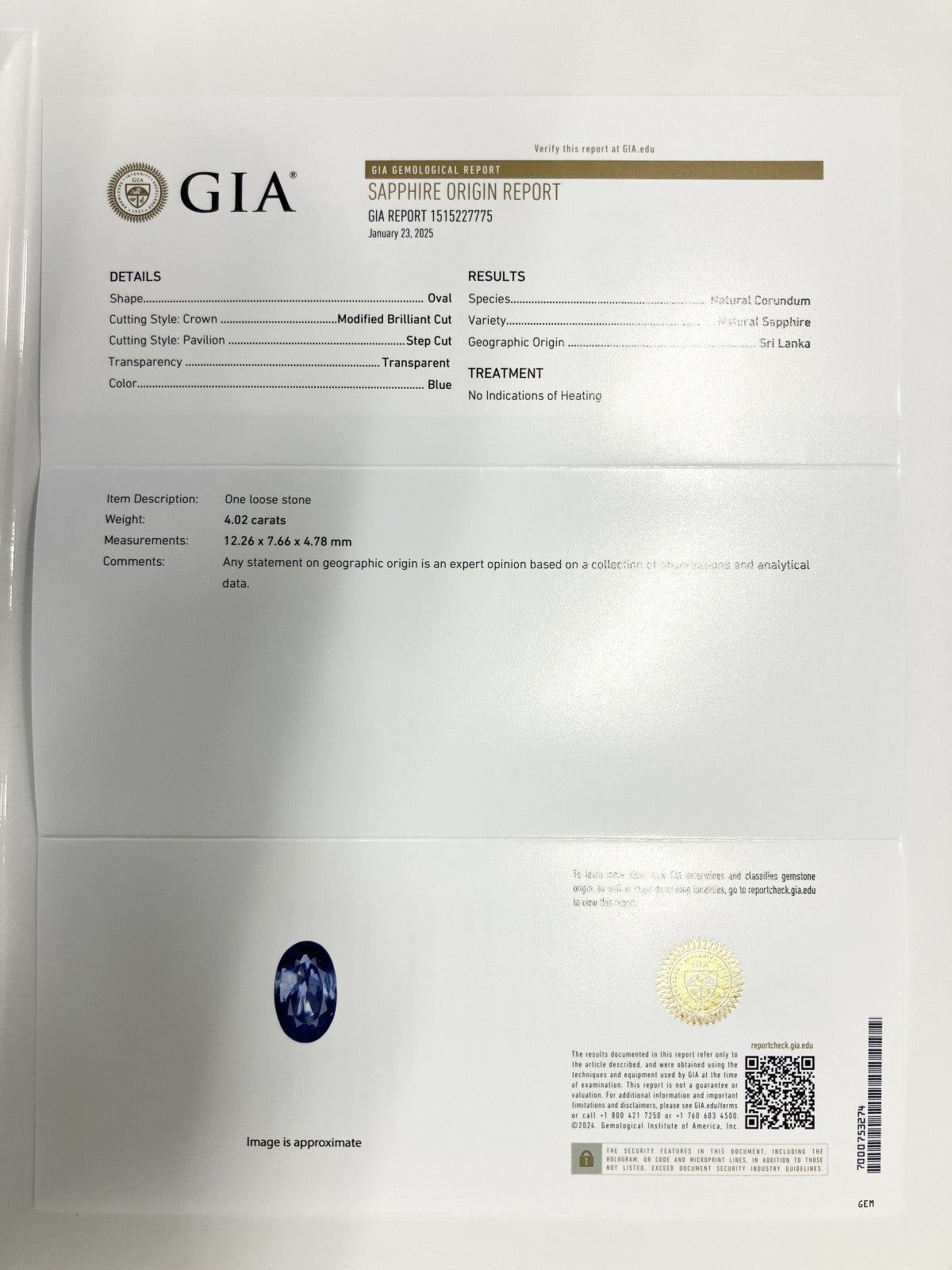 サファイア 4.02ct GIA鑑別書付き 非加熱 スリランカ産 12.26㎜×7.66㎜×4.78㎜ ルース（ 裸石 ） 3688S