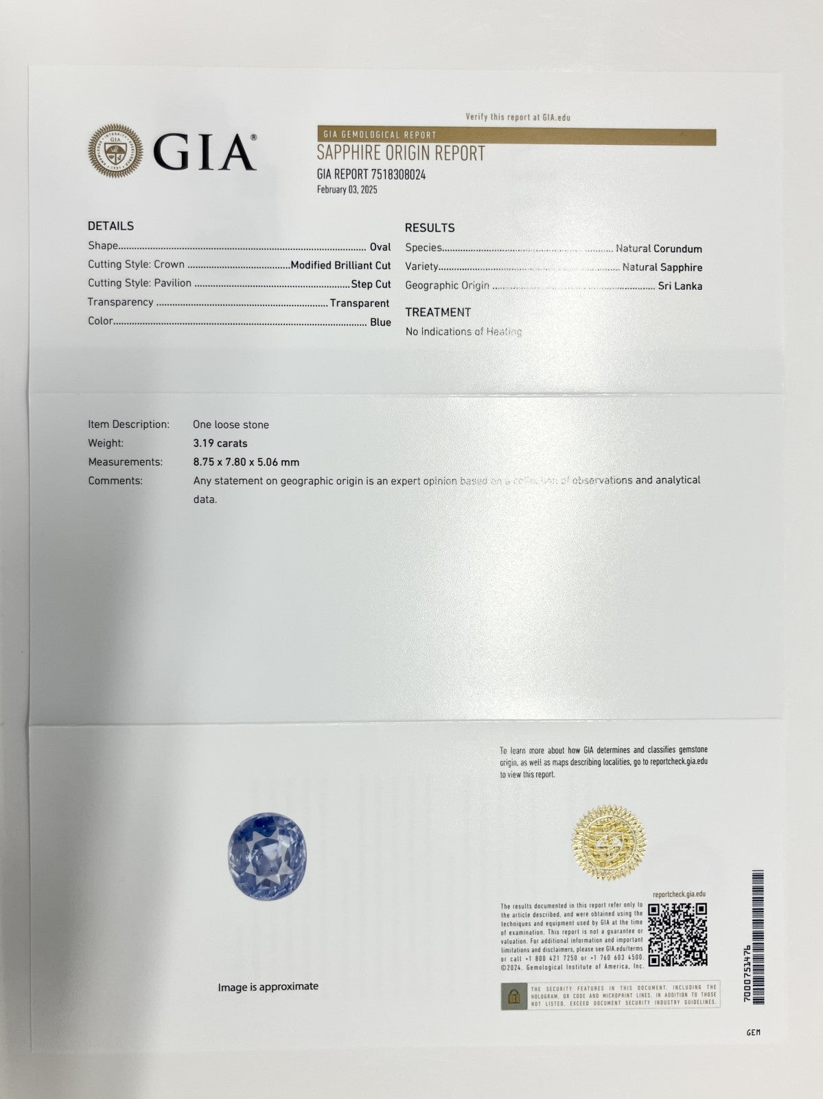 サファイア 3.19ct GIA鑑別書付き 非加熱 スリランカ産 8.75㎜×7.80㎜×5.06㎜ ルース（ 裸石 ） 3800S