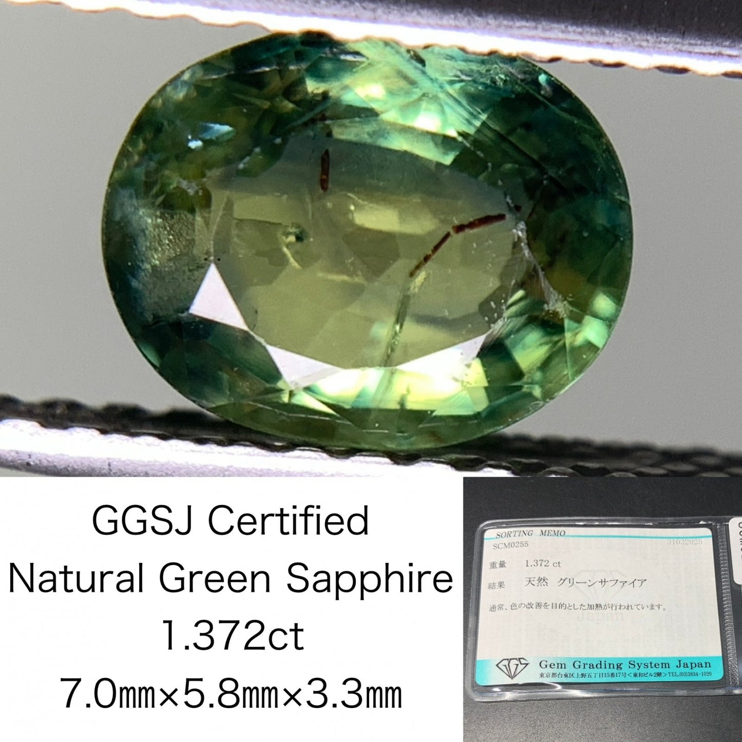 グリーンサファイア 1.372ct  宝石ソーティング付き  7.0㎜×5.8㎜×3.3㎜ 天然 ルース（ 裸石 ） 4499Y
