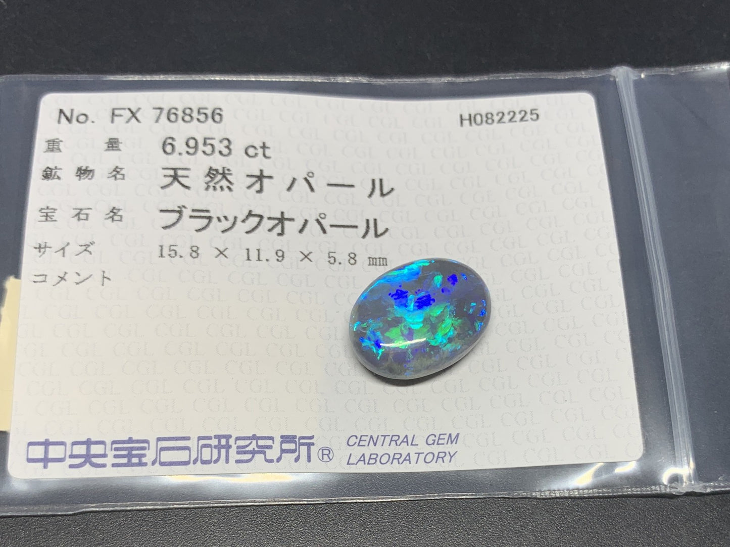 ブラックオパール 天然 6.953ct 中央宝石ソーティング付き 15.8㎜×11.9㎜×5.8㎜ ルース（ 裸石 ） 6501Y