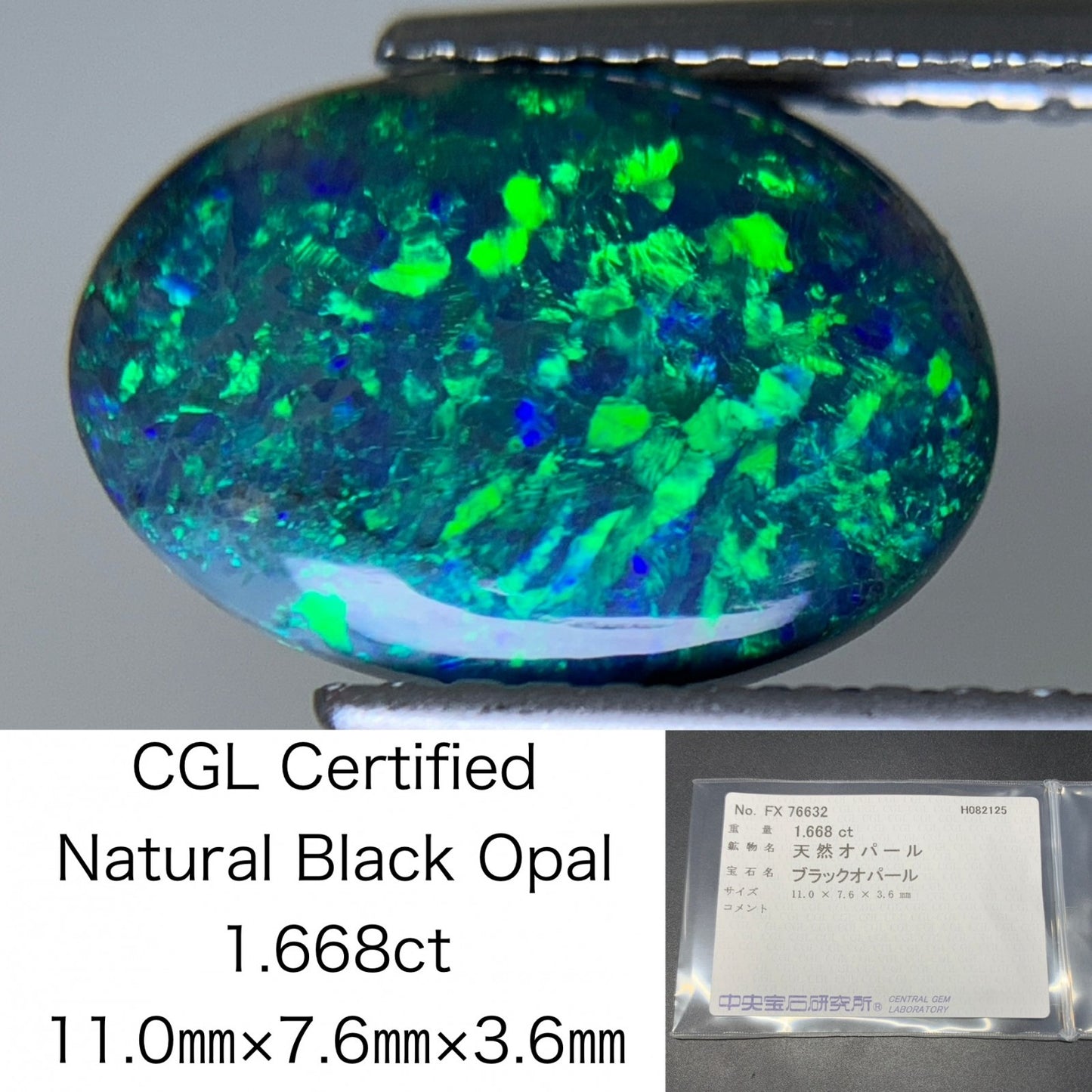 ブラックオパール 天然 1.668ct 中央宝石ソーティング付き 11.0㎜×7.6㎜×3.6㎜ ルース（ 裸石 ） 6453Y
