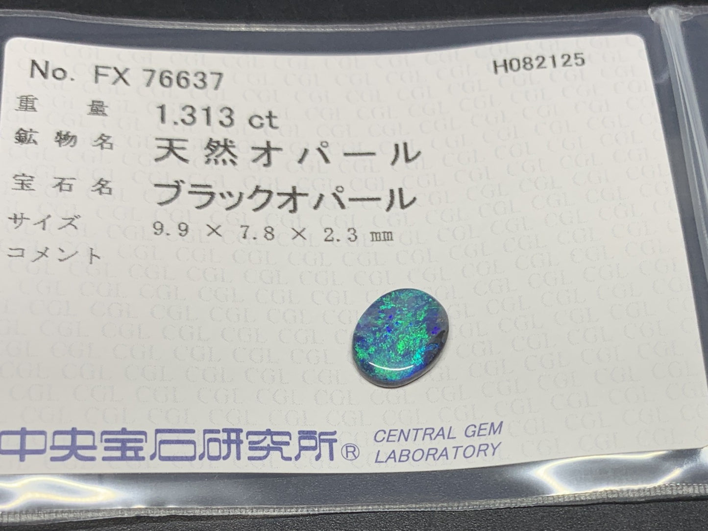 ブラックオパール 天然 1.313ct 中央宝石ソーティング付き 9.9㎜×7.8㎜×2.3㎜ ルース（ 裸石 ） 6482Y