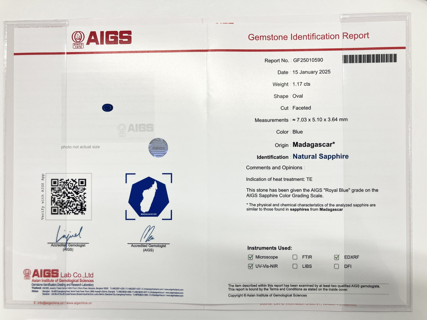 サファイア 1.17ct AIGS鑑別書付き ロイヤルブルー マダガスカル産 7.03㎜×5.10㎜×3.64㎜ ルース（ 裸石 ） 3676S