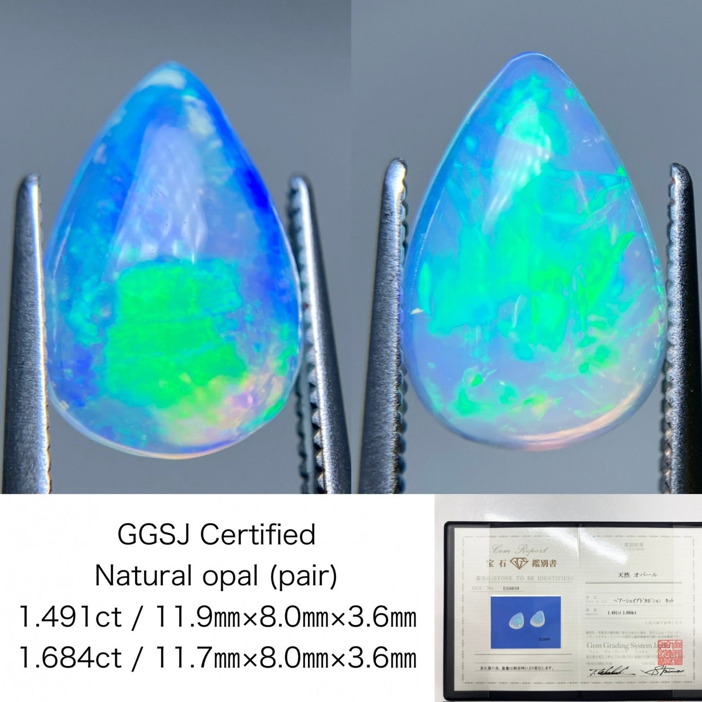 オパール（ペアセット）  1.491ct / 1.684ct 宝石鑑別書付き 11.9㎜×8.0㎜×3.6㎜ / 11.7㎜×8.0㎜×3.6㎜ ルース（ 裸石 ） 3511S