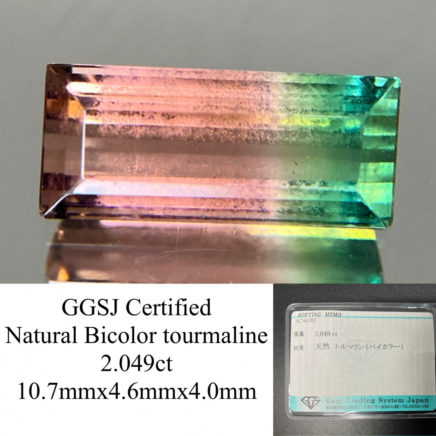トルマリン (バイカラー) 天然 2.049ct 宝石ソーティング付き 10.7㎜×4.6㎜×4.0㎜ ルース（ 裸石 ） 6370YY