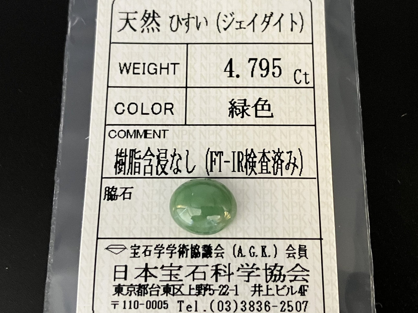 ヒスイ 翡翠 天然 4.795ct 宝石ソーティング付き 10.7㎜×8.9㎜×5.3㎜ ルース（ 裸石 ） 6214YY