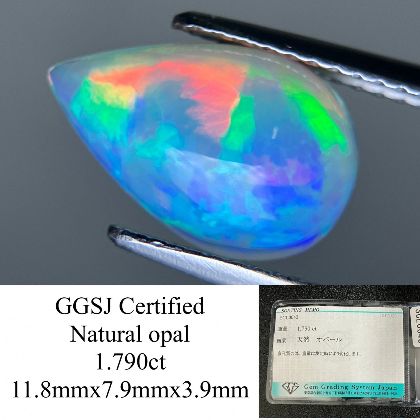 オパール 1.790ct 宝石ソーティング付き  11.8㎜×7.9㎜×3.9㎜  ルース（ 裸石 ） 3929YY