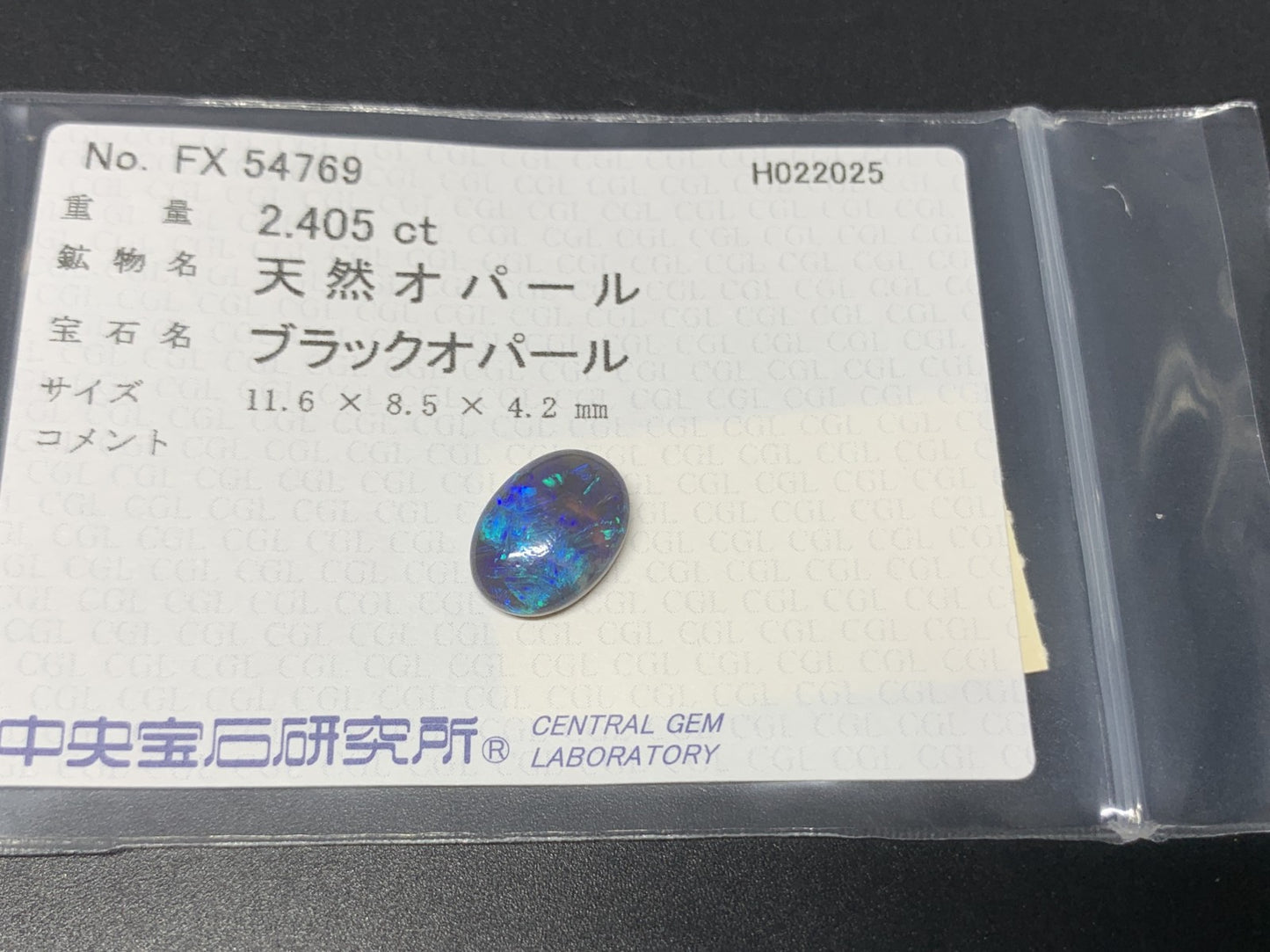 ブラックオパール 2.405ct  中央宝石ソーティング付き  11.6㎜×8.5㎜×4.2㎜  ルース（ 裸石 ） 4121Y