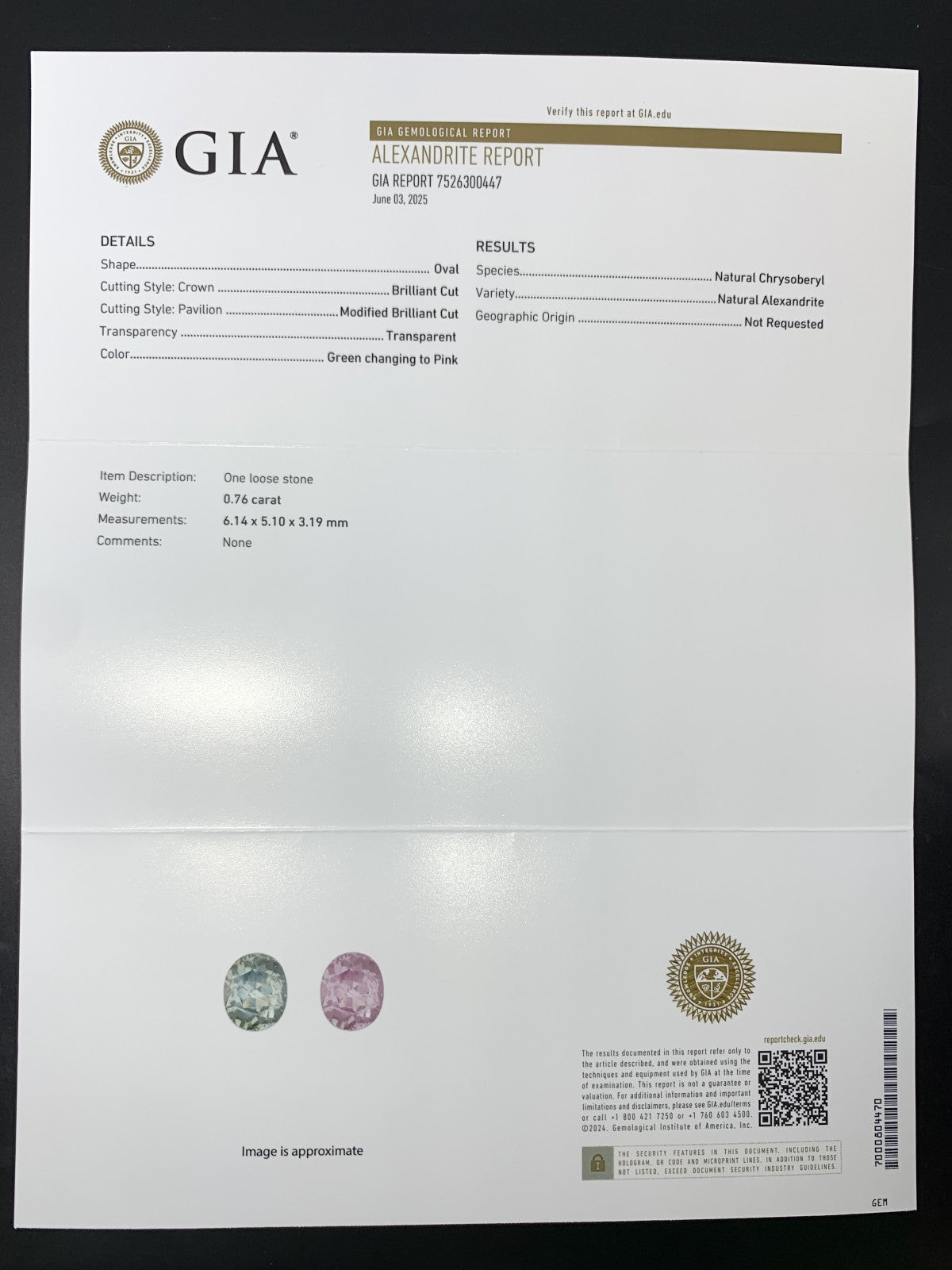アレキサンドライト 天然 0.761ct GIA宝石鑑別書＆中央宝石ソーティング付き Green changing to Pink 6.14㎜×5.08㎜×3.19㎜　 天然 ルース（ 裸石 ） 3286Y