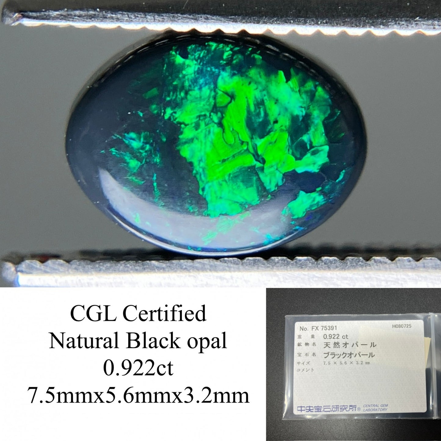 ブラックオパール 天然 0.922ct 中央宝石ソーティング付き 7.5㎜×5.6㎜×3.2㎜ ルース（ 裸石 ） 6425YY