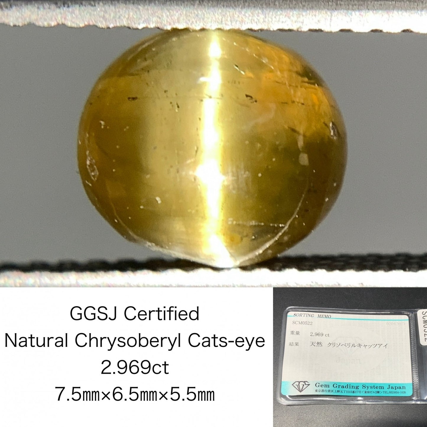 クリソベリルキャッツアイ 2.969ct  宝石ソーティング付き  7.5㎜×6.5㎜×5.5㎜  天然 ルース（ 裸石 ） 4695Y