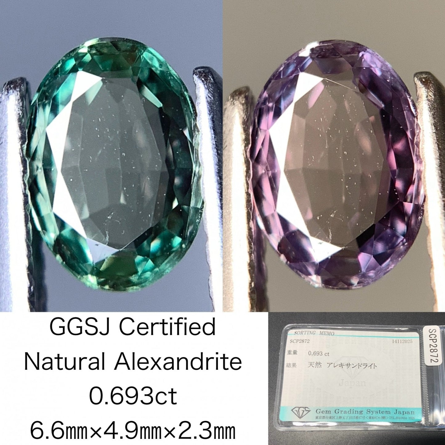 アレキサンドライト 天然 0.693ct 宝石ソーティング付き 6.6㎜×4.9㎜×2.3㎜ ルース（ 裸石 ） 7477Y