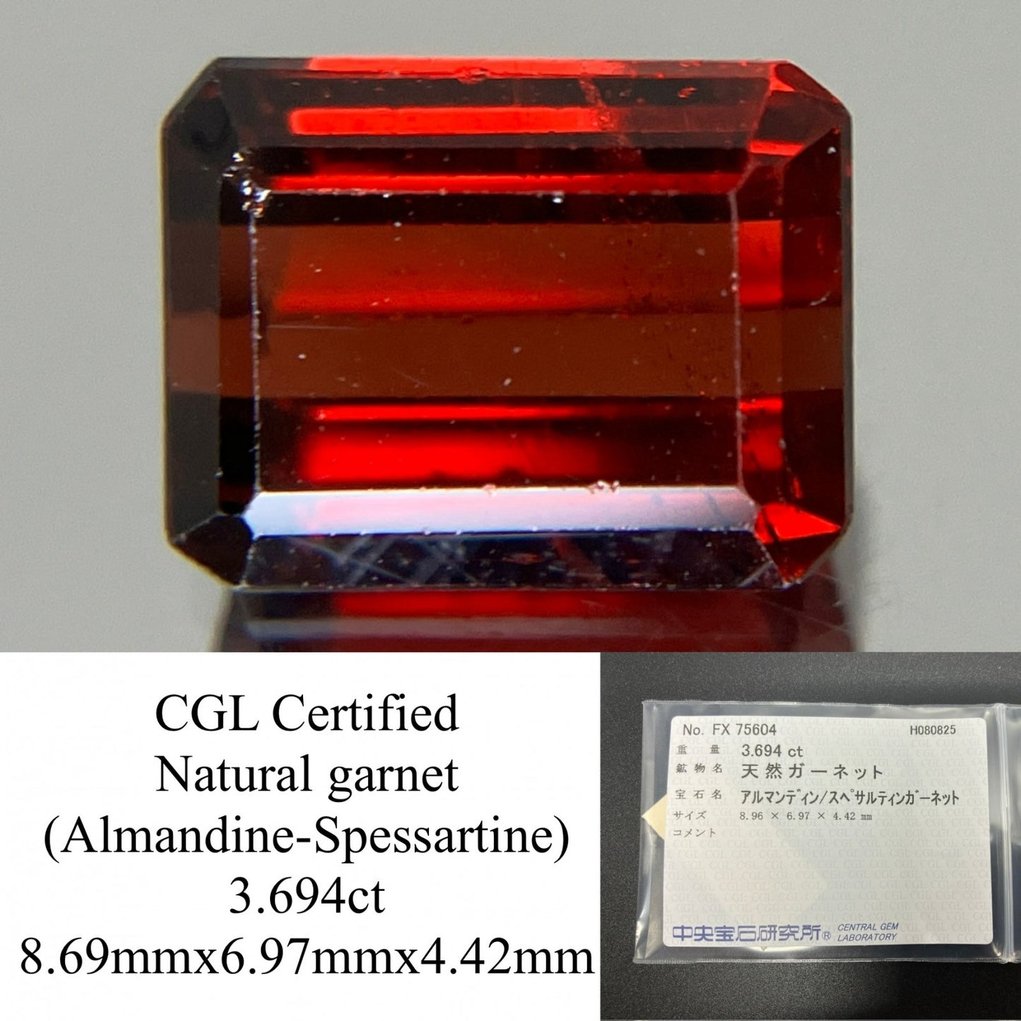 ガーネット （アルマンディン-スペサルティンガーネット） 天然 3.694ct 中央宝石ソーティング付き 8.96㎜×6.97㎜×4.42㎜ ルース 6315YY
