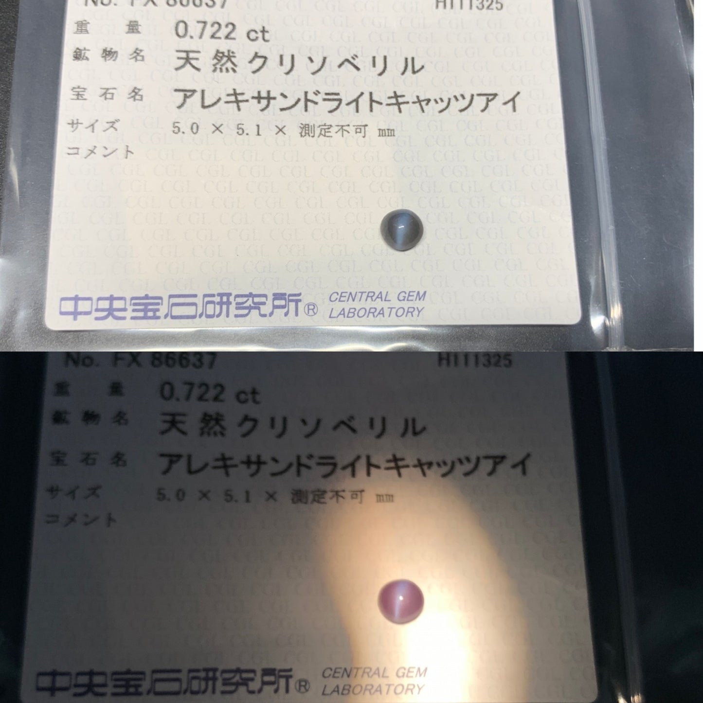 アレキサンドライトキャッツアイ 天然 0.722ct 中央宝石ソーティング付き 5.0㎜×5.1㎜×3.2㎜ ルース（ 裸石 ） 7395Y