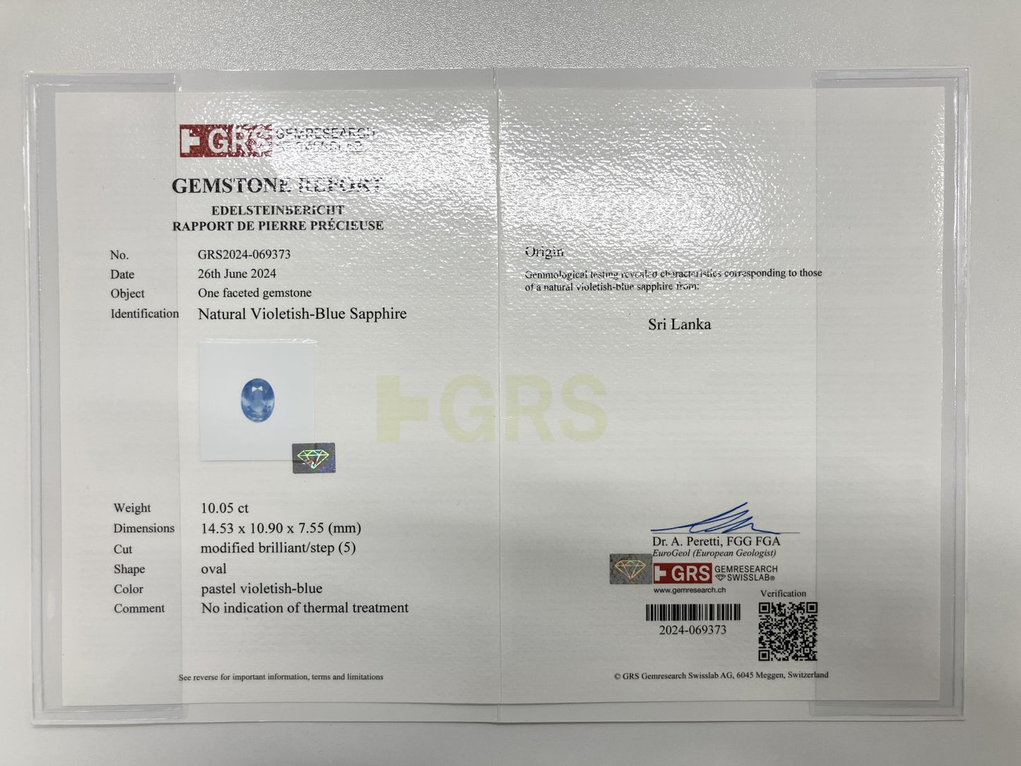 サファイア 10.05ct スリランカ産 Sri Lanka 非加熱 No Heat GRS鑑別書 D1.00ct PT900 7.8g 指輪 (JP12号) サイズ直し承ります。 2142S