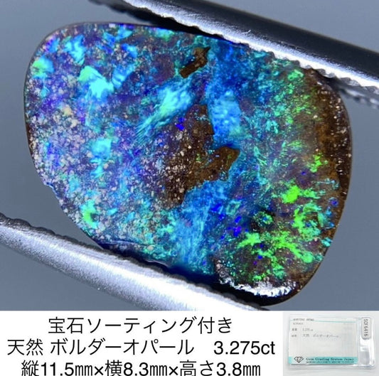 宝石ソーティング付き 天然 ボルダーオパール 3.275ct 縦11.5㎜×横8.3㎜×高さ3.8㎜ 2901Y