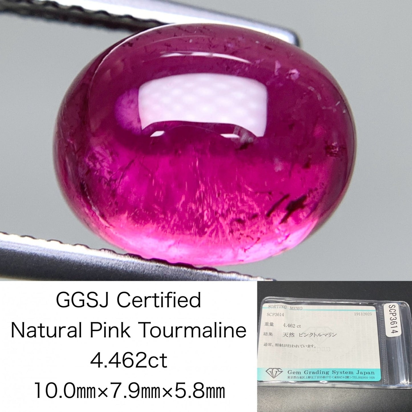 ピンクトルマリン 天然 4.462ct 宝石ソーティング付き 10.0㎜×7.9㎜×5.8㎜ ルース（ 裸石 ） 7497Y