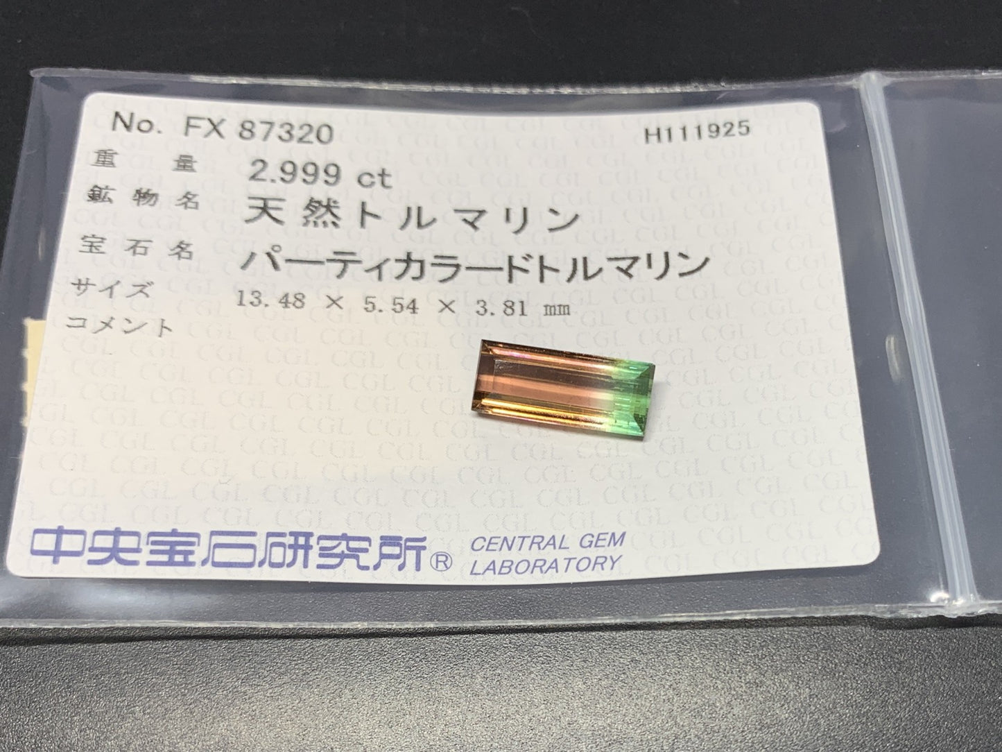 パーティカラードトルマリン 天然 2.999ct 中央宝石ソーティング付き 13.48㎜×5.54㎜×3.81㎜ ルース（ 裸石 ） 7443Y