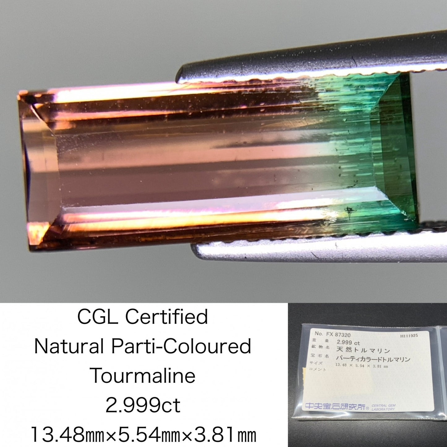 パーティカラードトルマリン 天然 2.999ct 中央宝石ソーティング付き 13.48㎜×5.54㎜×3.81㎜ ルース（ 裸石 ） 7443Y