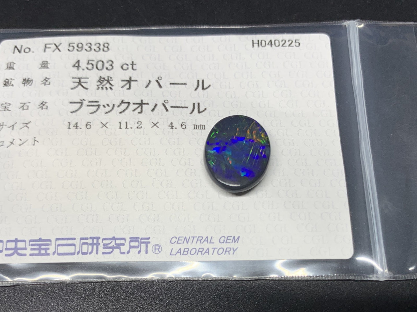 ブラックオパール 4.503ct  中央宝石ソーティング付き  14.6㎜×11.2㎜×4.6㎜  天然 ルース（ 裸石 ） 4624Y