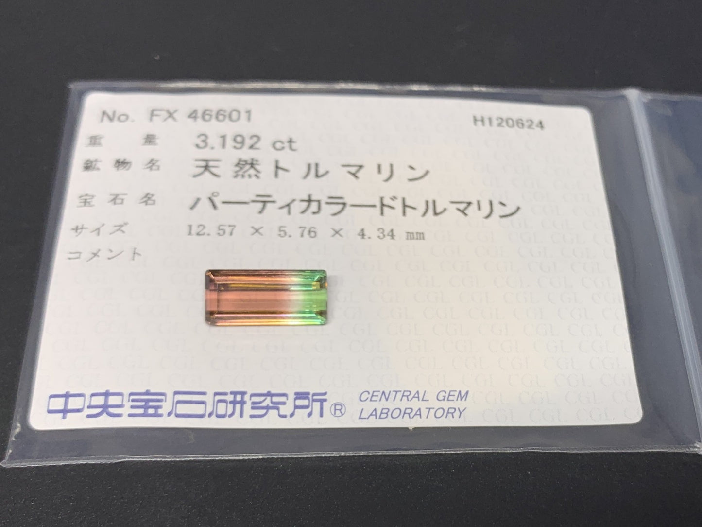 パーティカラードトルマリン  3.192ct  中央宝石ソーティング付き  12.57㎜×5.76㎜×4.34㎜  ルース（ 裸石 ） 3352Y