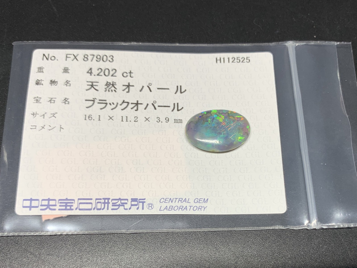 ブラックオパール 天然 4.202ct 中央宝石ソーティング付き 16.1㎜×11.2㎜×3.9㎜ ルース（ 裸石 ） 7445Y