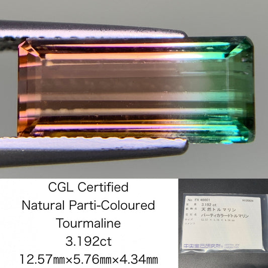 パーティカラードトルマリン  3.192ct  中央宝石ソーティング付き  12.57㎜×5.76㎜×4.34㎜  ルース（ 裸石 ） 3352Y