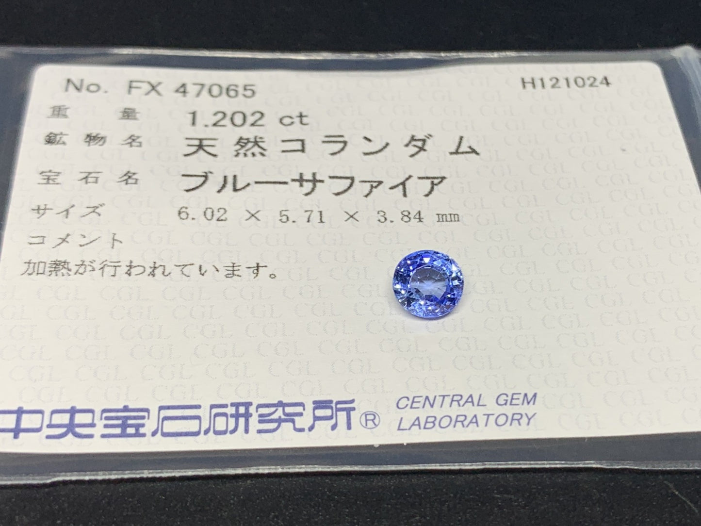 サファイア  1.202ct  中央宝石ソーティング付き  6.02㎜×5.71㎜×3.84㎜  ルース（ 裸石 ） 3219Y
