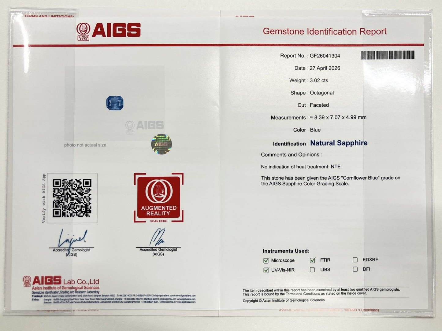 サファイア 3.02ct コンフラワーブルー 非加熱 NoHeat AIGS鑑別書 D0.34ct PT900 4.7g 指輪 （JP12号） サイズ直し無料 7230ST