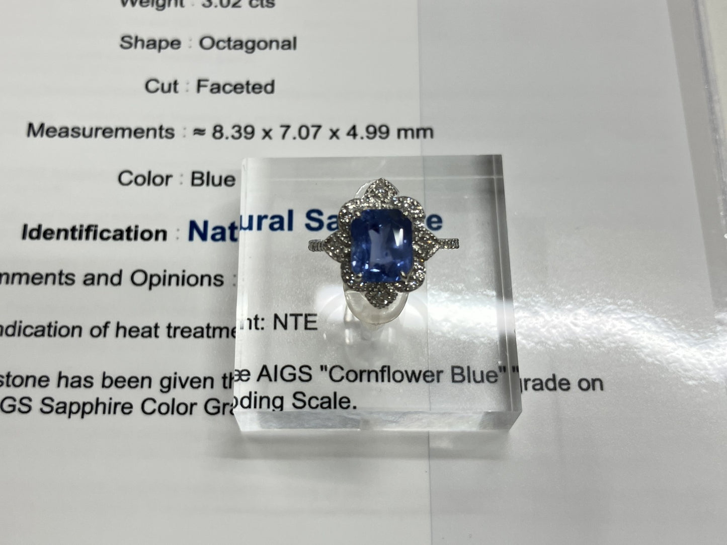 サファイア 3.02ct コンフラワーブルー 非加熱 NoHeat AIGS鑑別書 D0.34ct PT900 4.7g 指輪 （JP12号） サイズ直し無料 7230ST