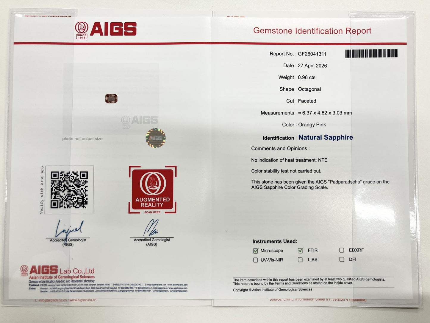 パパラチャサファイア 0.96ct 非加熱 NoHeat AIGS鑑別書 D0.57ct PT900 5.2g 指輪 （JP11号） サイズ直し無料 9176ST