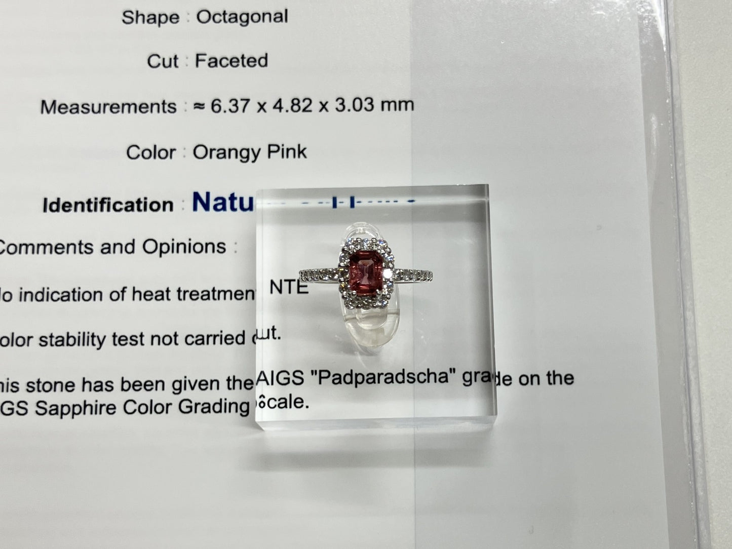パパラチャサファイア 0.96ct 非加熱 NoHeat AIGS鑑別書 D0.57ct PT900 5.2g 指輪 （JP11号） サイズ直し無料 9176ST