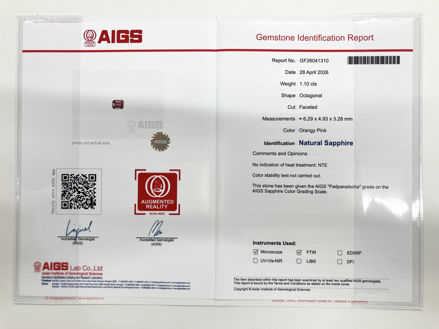 パパラチアサファイア 1.10ct 非加熱 NoHeat AIGS鑑別書 D0.47ct PT900 5.9g 指輪 （JP12号） サイズ直し無料 9175SS